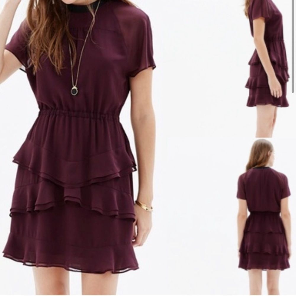 Madewell radiant ruffle hem sheer sleeve flounce dress maroon 12